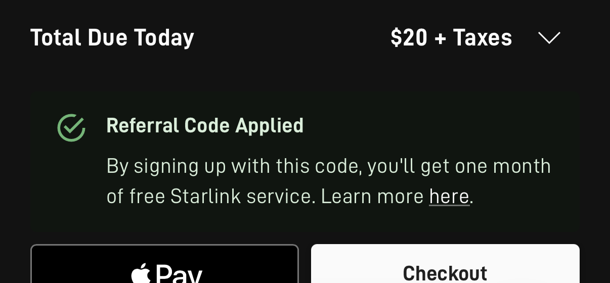 Starlink order summary confirming one month of free service from the referral